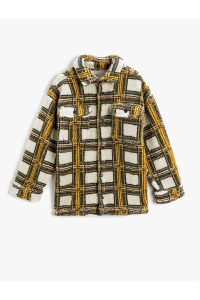 Koton Checked Plush Coat Shirt Collar Double Pocket