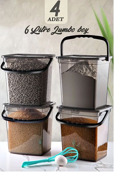Stile Cucina Mega Size 4-Piece Square Flour Pulses Container 6 Liters - Detergent Storage Box with Handle Anthracite