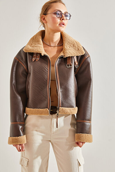 Bianco Lucci Women's Collar Belted Laminated Jacket