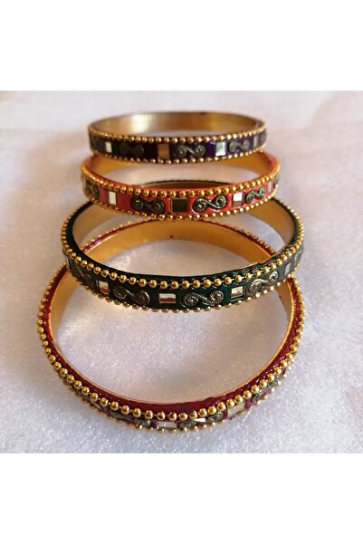 Butik Tülin Kadın otantik el yapımı seramik çok renk kombin altın boncuk kesme aynalı 4'lü set bilezik Hint Malı