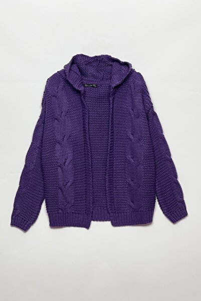 PARKhande Kapüşonlu Saç Örgü Detaylı Salaş Hırka - Mor