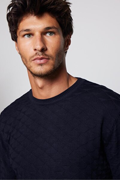 Tudors Men's Classic Fit Comfortable Cut Crew Neck Patterned Navy Blue Sweater