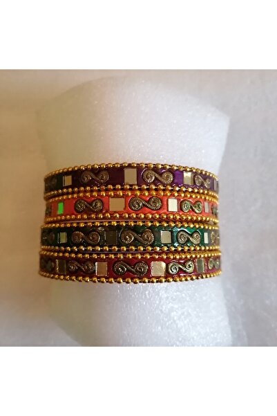 Butik Tülin Kadın otantik el yapımı seramik çok renk kombin altın boncuk kesme aynalı 4'lü set bilezik Hint Malı