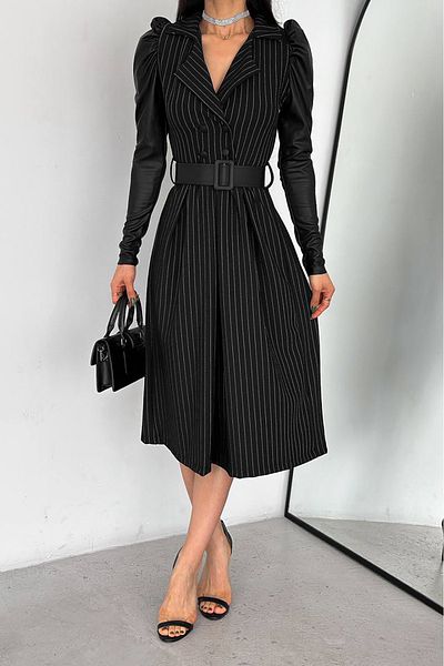 Neşeli Butik Ριγέ Δερμάτινο Γυναικείο Φόρεμα - Λεπτομέρεια ώμου KKLF64