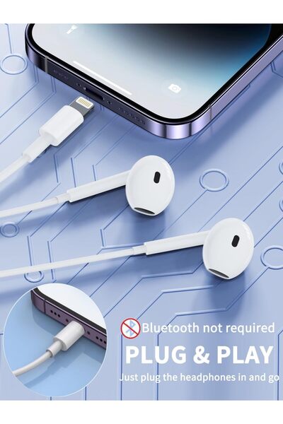 Coverzone Tak Çalıştır Lightning Uçlu Mikrofonlu Kulaklık iPhone 13 Serisine Kadar Destek iPhone 11 12 Uyumlu