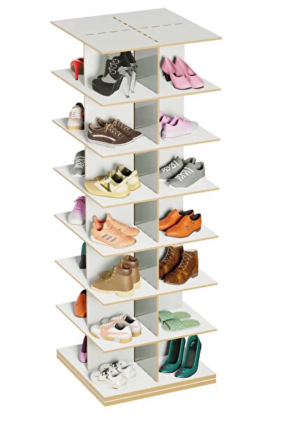 Mionte Flat-Pack 360° Dönen Ayakkabı Rafı, Dönen Ayakkabı Raf Kulesi, Orijinal 7 katmanlı (Beyaz, Kare)