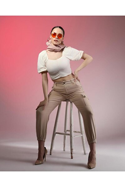 SHEVEGA Cream Cargo Pocketed Mom Jeans Boyfriend Pants