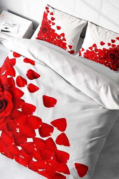 MonoHome 100% Cotton Satin Double Duvet Cover Set with Fitted Sheets White Roses