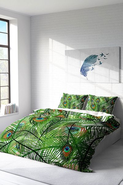 MonoHome 100% Cotton Satin Double Duvet Cover Set with Fitted Sheets Peacock Feathers