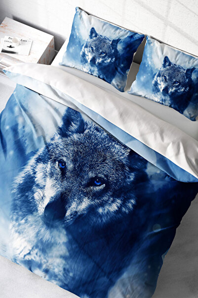 MonoHome Set cuvertură de pilota dublă din satin 100% bumbac cu cearșaf de pat Lonely Wolf