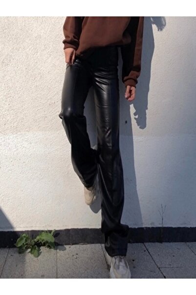 manolyabutik Kadın Suni Deri İspanyol Paça Pantolon
