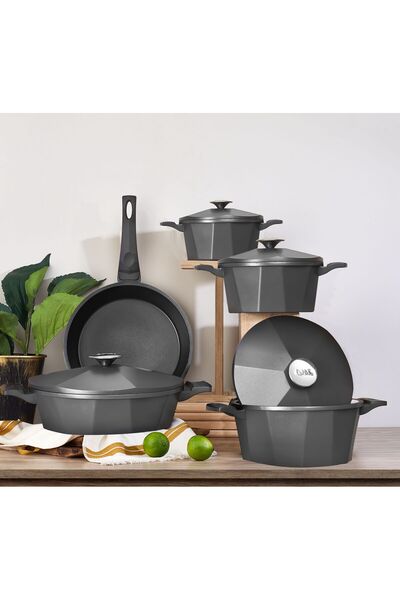 OMS PASLANMAZ DODECA 3527 Bio Granit Döküm 9 Parça Tencere Tava Çeyiz Seti An...