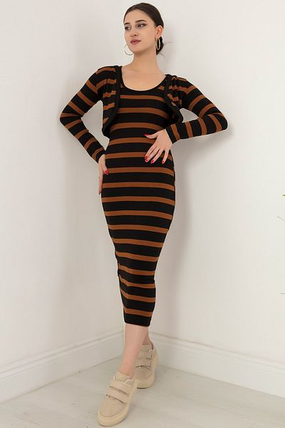 PULLIMM Rochie cu bretele Bolero în dungi Tricotaj Costum din două piese 2023-0037