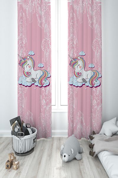 MASAL ODAM BABY AND KIDS ROOM Unicorn and Hopscotch Patterned 2 Wings Background Curtain