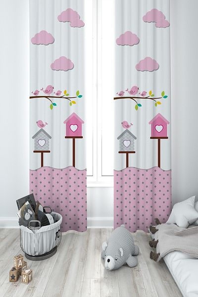 MASAL ODAM BABY AND CHILDREN'S ROOM Patterned 2 Wing Background Curtain with Bird Nest