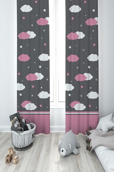 MASAL ODAM BABY AND KIDS ROOM Pink and White Cloud Patterned 2 Wing Background Curtain