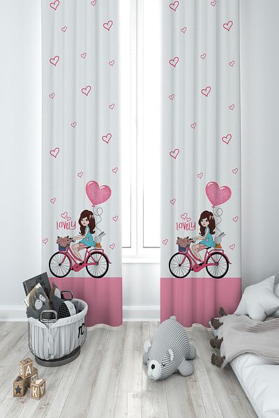 MASAL ODAM BABY AND KIDS ROOM Girl on a Bicycle and Heart Balloon Patterned 2 Wings Background Curtain