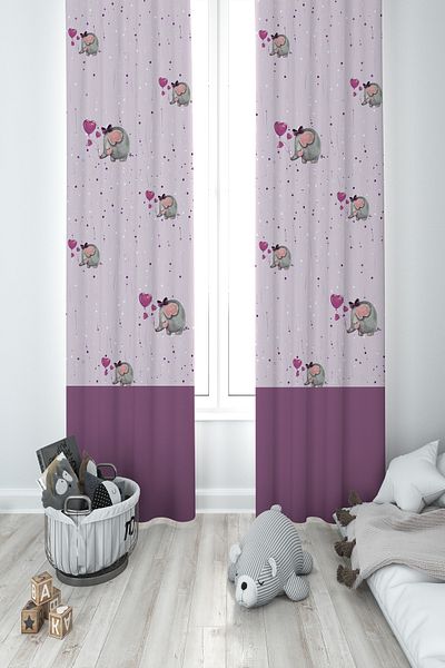 MASAL ODAM BABY AND KIDS ROOM Purple Elephant Patterned 2 Wing Background Curtain