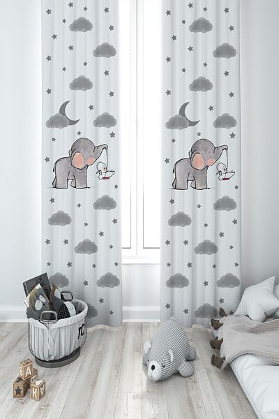 MASAL ODAM BABY AND KIDS ROOM Elephant Patterned 2 Wings Background Curtain with Rabbit Carrying
