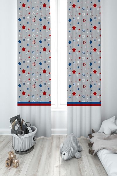 MASAL ODAM BABY AND KIDS ROOM Blue Red Star Patterned 2 Wing Background Curtain