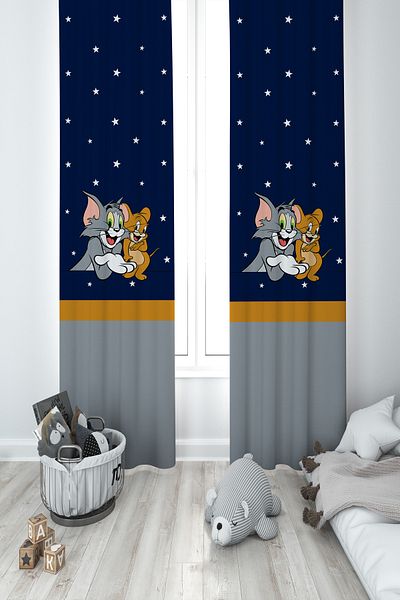 MASAL ODAM BABY AND KIDS ROOM Tom and Jery Patterned 2 Wing Background Curtain