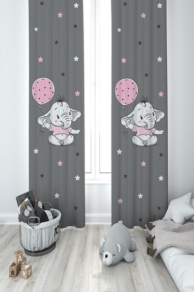 MASAL ODAM BABY AND KIDS ROOM Pink Elephant Balloon Patterned 2 Wing Background Curtain