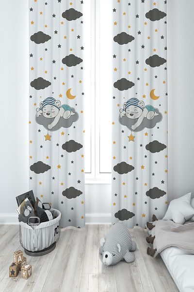 MASAL ODAM BABY AND KIDS ROOM Cute Blue Sleeping Bear Patterned 2 Wing Background Curtain
