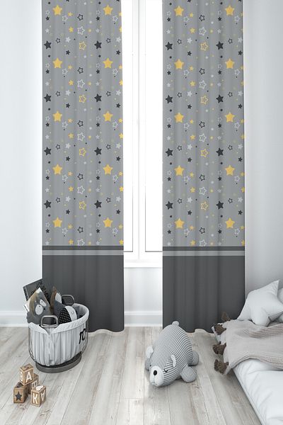 MASAL ODAM BABY AND KIDS ROOM Gray Yellow Star Patterned 2 Wing Background Curtain
