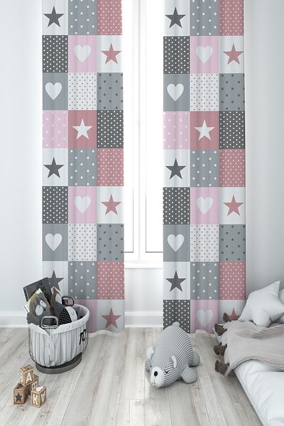 MASAL ODAM BABY AND KIDS ROOM Soft Star and Heart Patterned 2 Wing Background Curtain