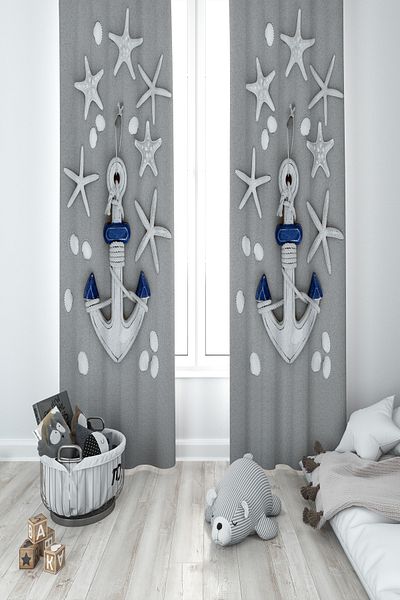 MASAL ODAM BABY AND KIDS ROOM Anchor Patterned Gray 2 Wing Background Curtain