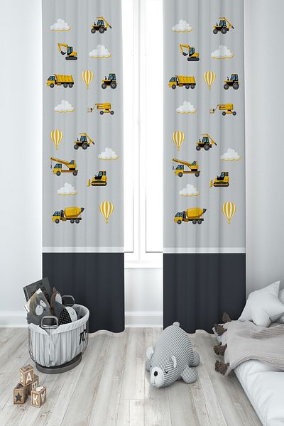 MASAL ODAM BABY AND KIDS ROOM Gray Road Patterned 2 Wing Background Curtain with Machinery