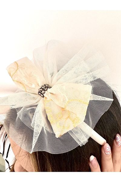 alsaccessories Coroană de nuntă din satin alb pe tulpă cu piatră de cristal, coroană de păr, coroană de maternitate