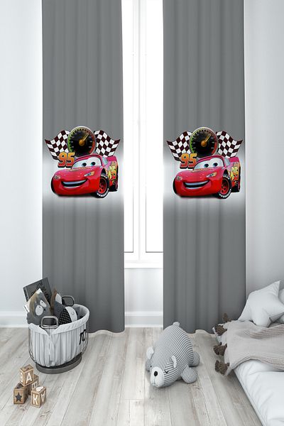 MASAL ODAM BABY AND KIDS ROOM Gray McQueen Patterned 2 Wing Background Curtain