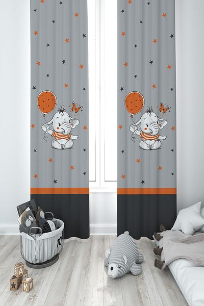MASAL ODAM Orange Elephant Balloon Patterned 2 Wing Background Curtain