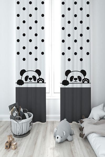 MASAL ODAM BABY AND KIDS ROOM Hand Waving Cute Panda Patterned 2 Wings Background Curtain