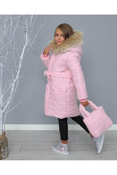 Calisa Girl's Pink Fur Hooded Long Coat with Belt Coat Bag