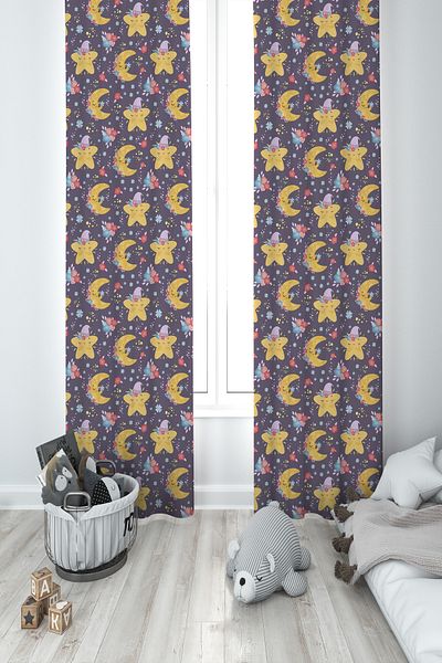 MASAL ODAM BABY AND KIDS ROOM Star and Moon Patterned 2 Wing Background Curtain with Hat
