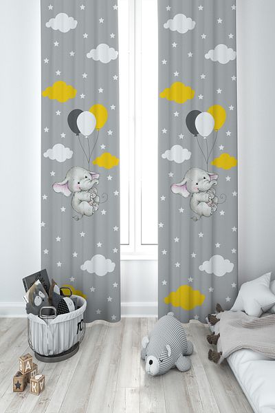 MASAL ODAM BABY AND KIDS ROOM Sweet Elephant and 3 Balloons Patterned 2 Wings Background Curtain