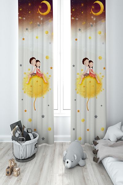 MASAL ODAM BABY AND CHILDREN'S ROOM Cute Kids Star Patterned 2 Wing Background Curtain