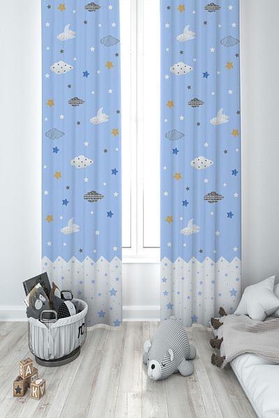 MASAL ODAM BABY AND CHILDREN'S ROOM Cloud and Star Patterned 2 Wing Background Curtain