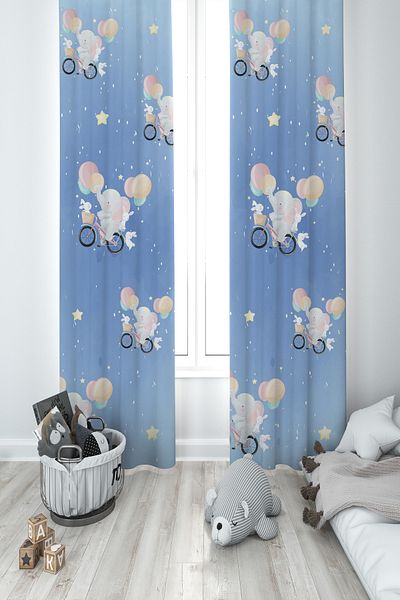 MASAL ODAM BABY AND KIDS ROOM Bicycle and Baby Elephant Patterned 2 Wing Background Curtain