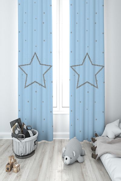 MASAL ODAM BABY AND KIDS ROOM Large Gray Star Patterned Blue 2 Wing Background Curtain