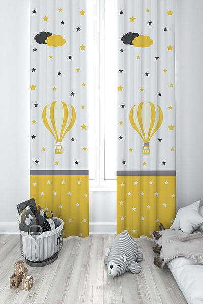MASAL ODAM BABY AND KIDS ROOM Flying Balloon Patterned 2 Wings Background Curtain