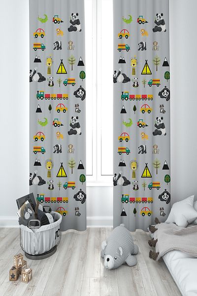 MASAL ODAM BABY AND CHILDREN'S ROOM Wheel Driveway Panda Patterned 2 Wing Background Curtain