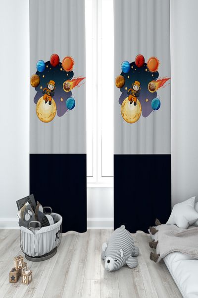 MASAL ODAM BABY AND KIDS ROOM Astronaut Boy and Planet Patterned 2 Wing Background Curtain