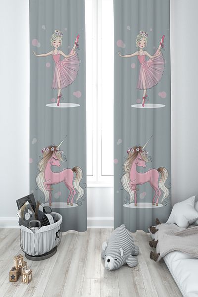 MASAL ODAM BABY AND KIDS ROOM Pink Unicorn and Girl Patterned 2 Wing Background Curtain