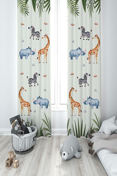 MASAL ODAM BABY AND KIDS ROOM Safari Animals Leaves Patterned 2 Wings Background Curtain