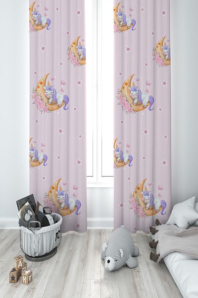 MASAL ODAM BABY AND KIDS ROOM Pink 2 Wings Background Curtain with Unicorn Pattern Hugging the Moon