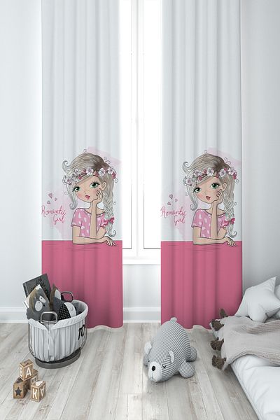 MASAL ODAM BABY AND KIDS ROOM Romantic Girl Patterned 2 Wing Background Curtain
