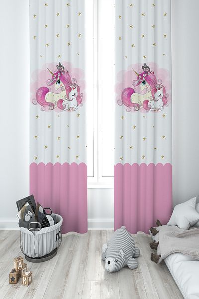 MASAL ODAM Starry Unicorn Patterned 2 Wing Background Curtain